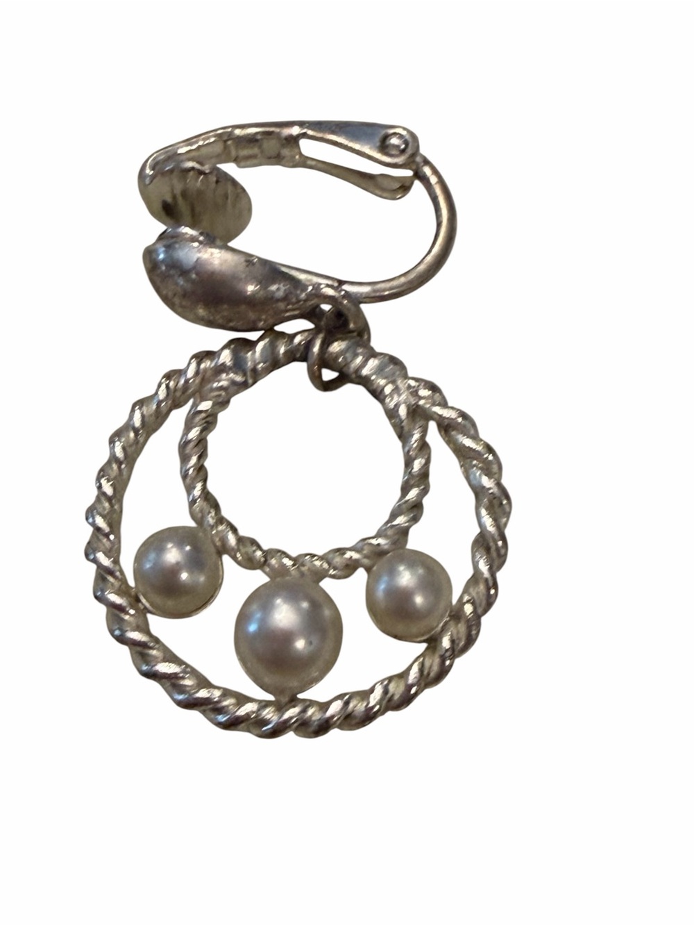 Silver Tone Dangle Earrings Clip On Twisted Rope Style Faux Pearls Office Formal - Picture 2 of 8